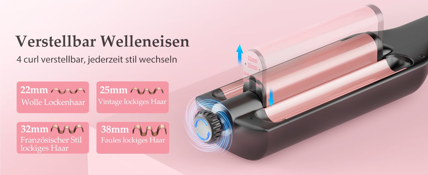 4-в-1 Випрямляч та завивачка для волосся - 22/25/32/38 мм, для створення хвиль, 4 температури (140-210°C), 3 насадки, чорний, Rose