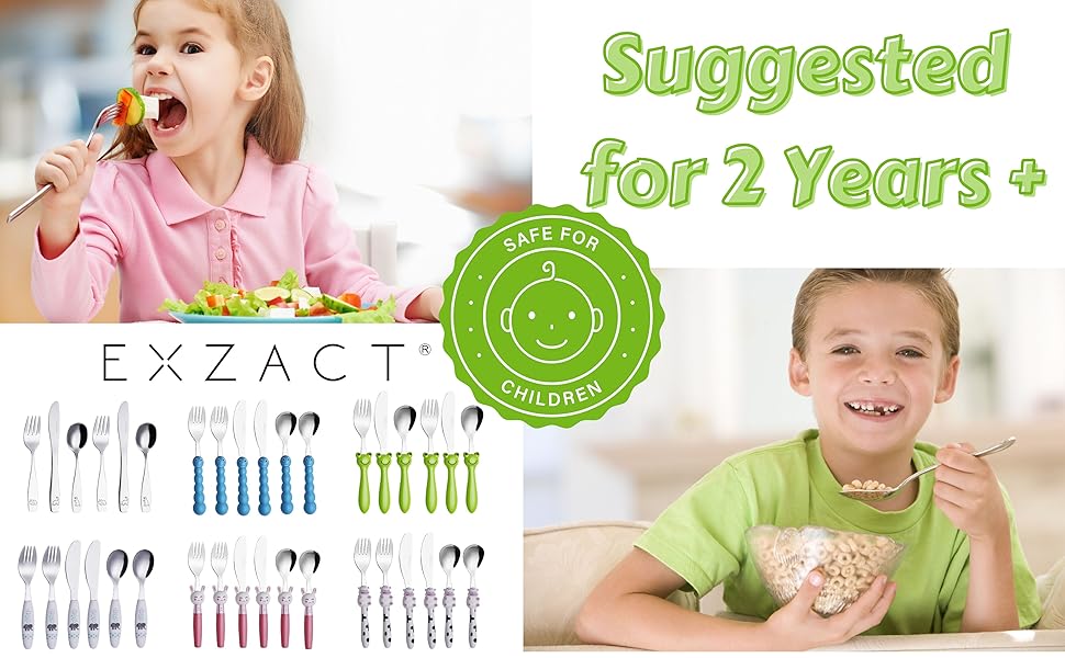 Дитячий набір столових приборів EXZACT Kinderbesteck 18 предметів з нержавіючої сталі - для дітей від 2 років - безпечні ножі, миючі в посудомийній машині, з гравіюванням (динозаври)