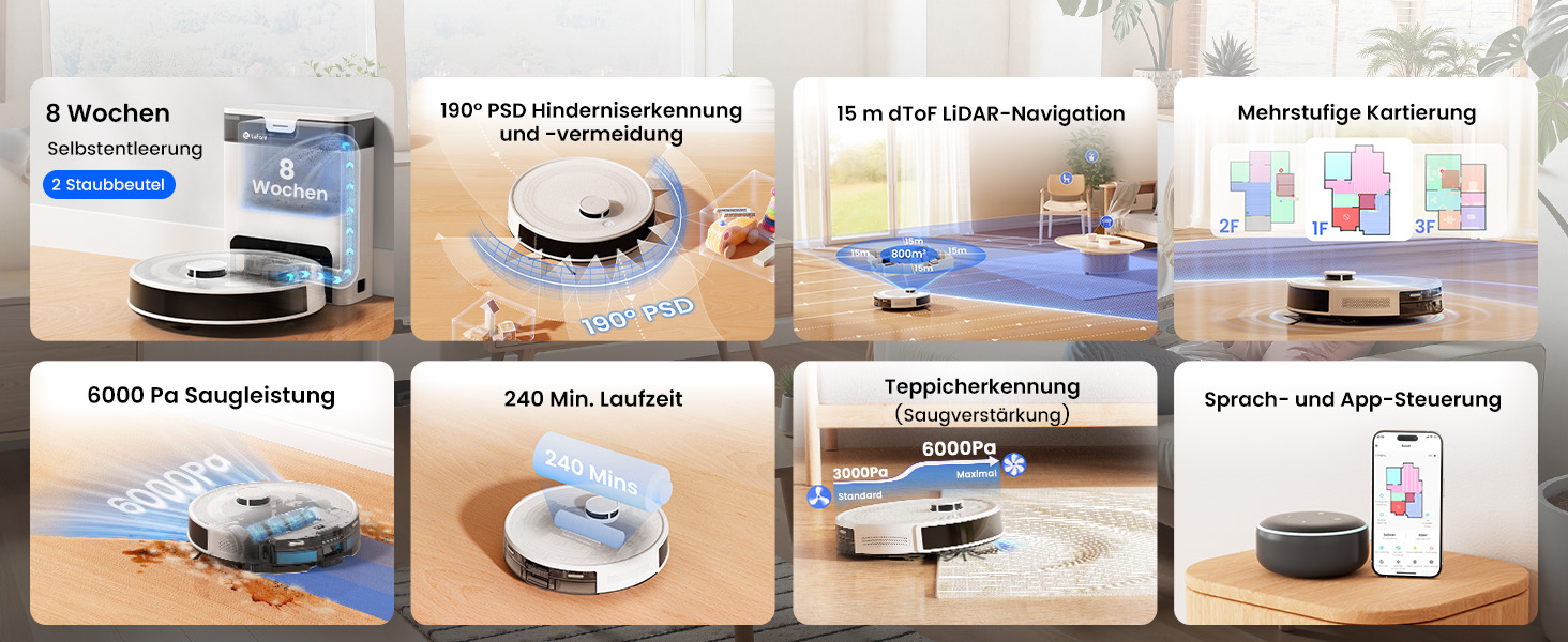 Робот-пилосос LEFANT M2S Pro з функцією миття, 5000Pa, лазерна навігація, LiDAR dToF, 150 хв, розпізнавання килимів, керування через додаток/голос, ідеальний для шерсті тварин, чорний