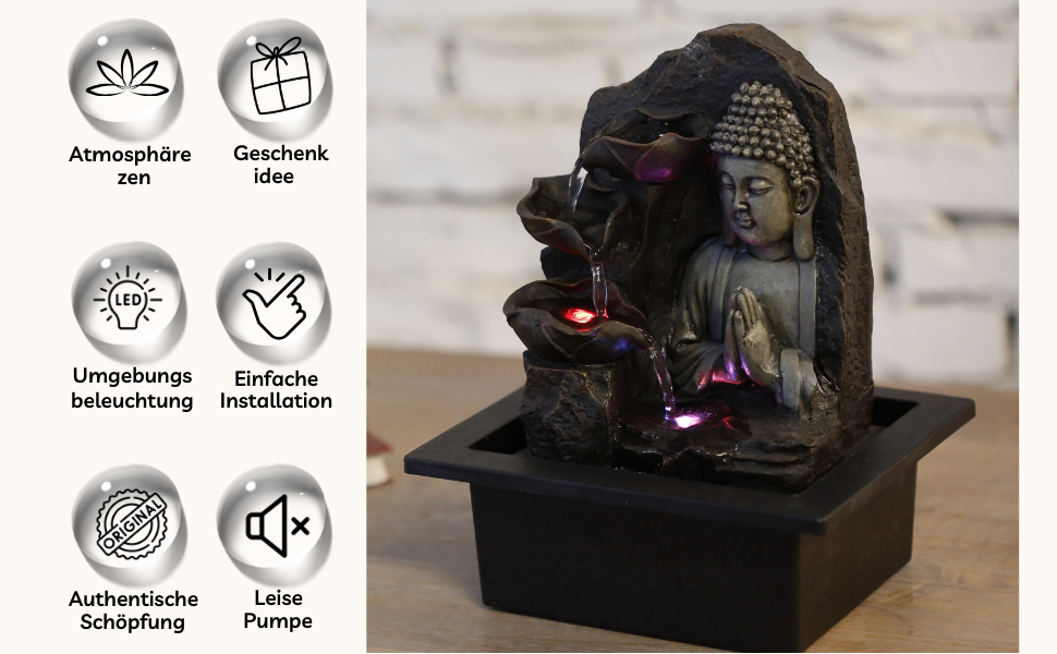 Джерело Zen'Light Zimmerbrunnen з Буддою та LED-підсвіткою - Сучасна декор для медитації та релаксації, Фен-Шуй, 26 см, горіх
