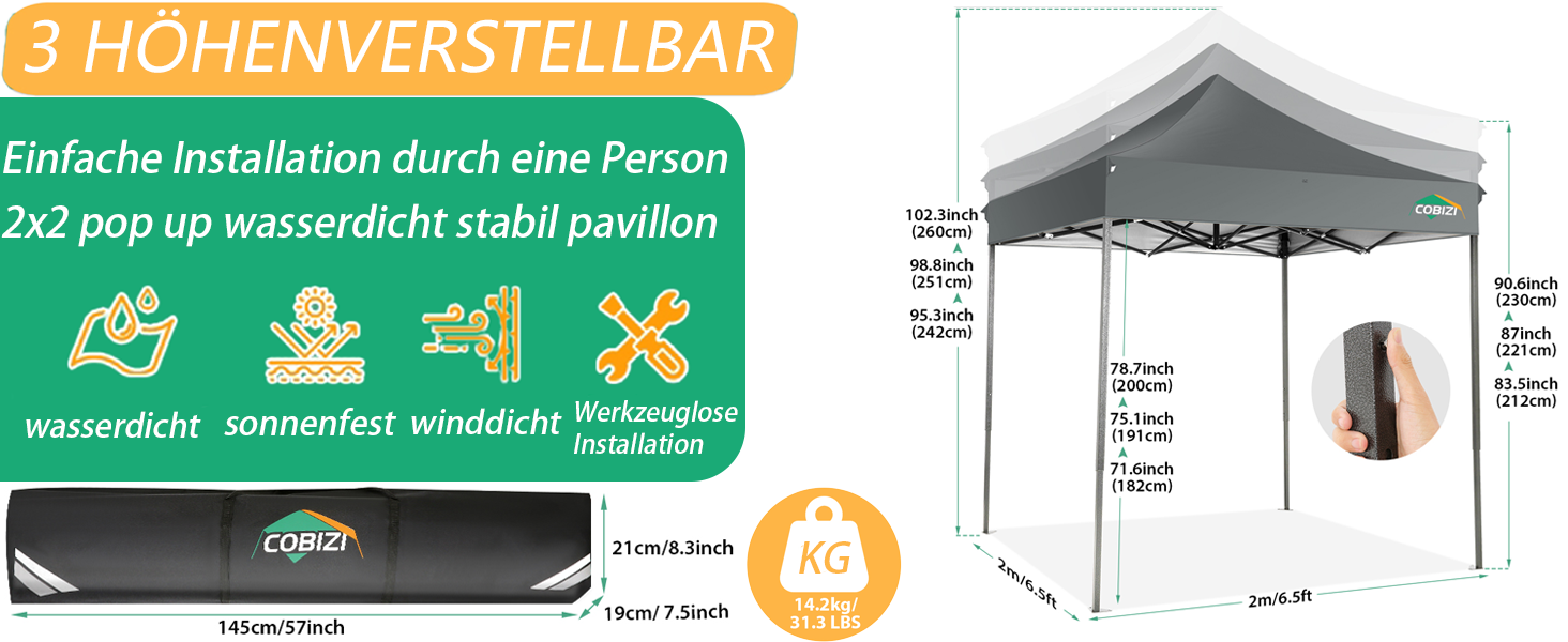 Павільйон COBIZI 3x3, водовідштовхувальний, зимостійкий, з боковою стінкою, Pop-Up, для вечірок, сонцезахисний, садовий, складаний, з сумкою та колесами (Сірий, 2x2м без стінки)