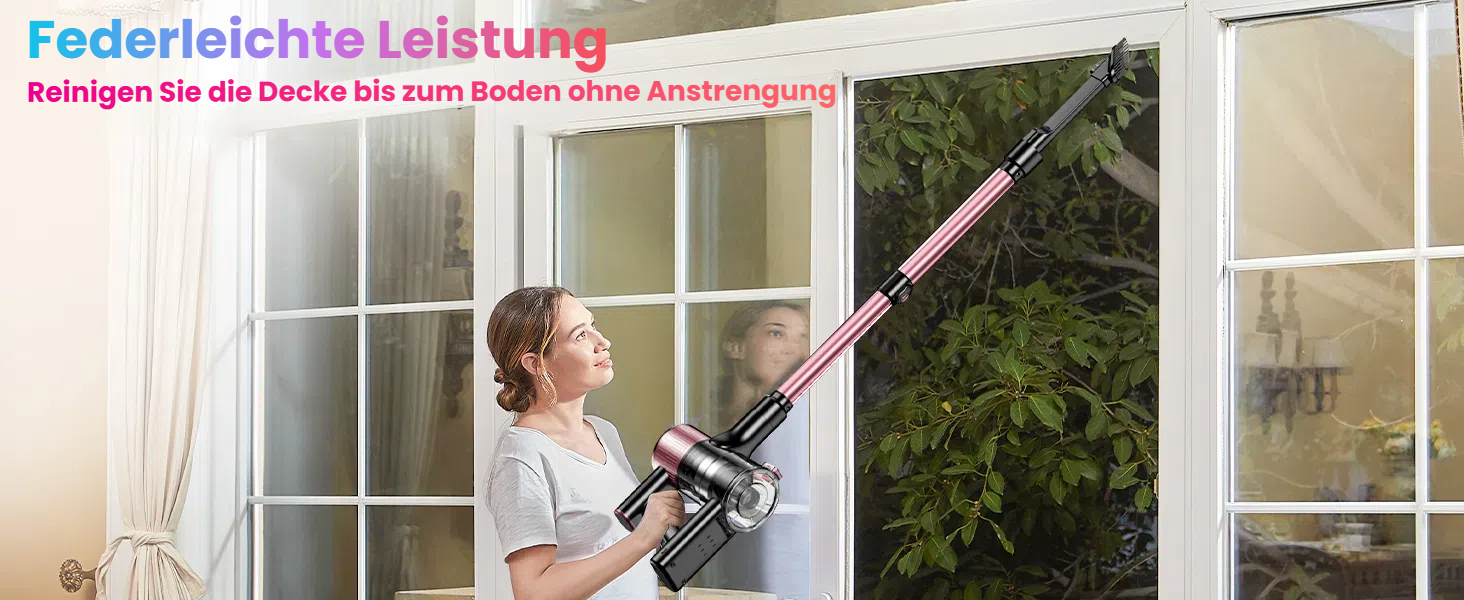 Бездротовий акумуляторний пилосос 45000Pa/500W/45хв з LED дисплеєм та антизаплутана насадка, висувний шланг 73см для твердих поверхонь, килимів та шерсті тварин, рожевий