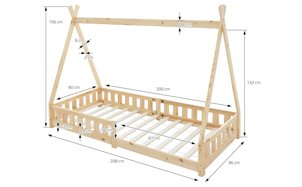 Дитяче ліжко-халапа Tipi ML-Design біле з бортиками та ламелями, з сосни, індіанське ліжко для дівчаток та хлопчиків, ліжко-будиночок з огорожею, ліжко-ігровий будиночок для дітей (90x200 см з матрацом (H: 16 см), натуральне дерево)