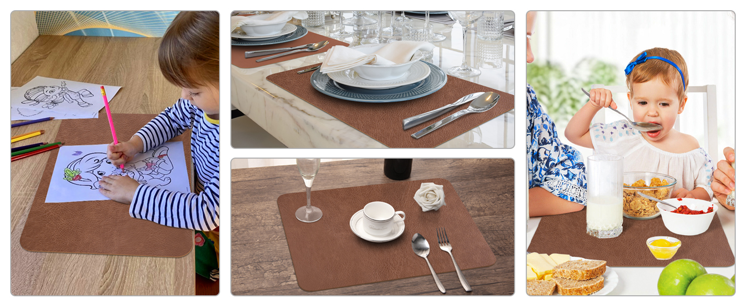 Набір підставок під тарілки 6 шт., неслизькі, миючіся, з кожній стороні, з штучної шкіри, термостійкі, 40 x 30 см (коричневі)