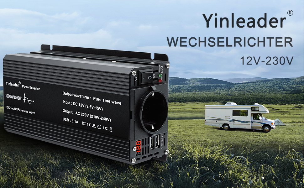 Інвертор Yinleader Pure Sine Wave 1000 Вт / 2000 Вт постійного струму від 12 В до 230 В змінного струму 1 розетка 2 USB зі світлодіодом