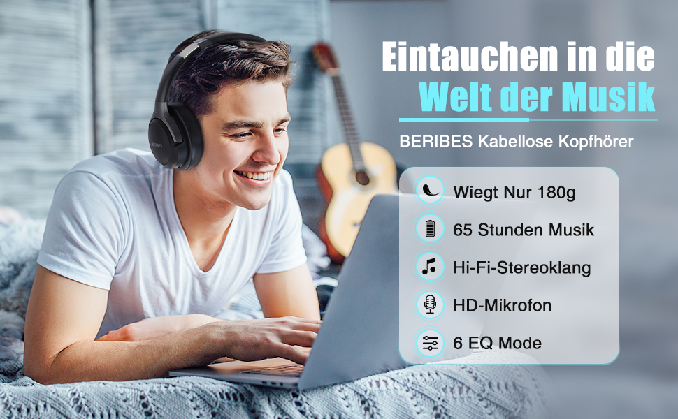 Накладні Bluetooth-навушники BERIBES, 65 годин, 6 режимів еквалайзера, HiFi, Мікрофон, Складні, Чорний