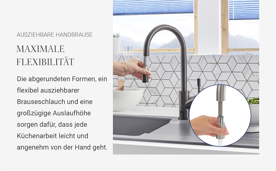 Змішувач кухонний Villeroy & Boch Umbrella Flex з висувним душем, бронзовий, високий вилив 220 мм
