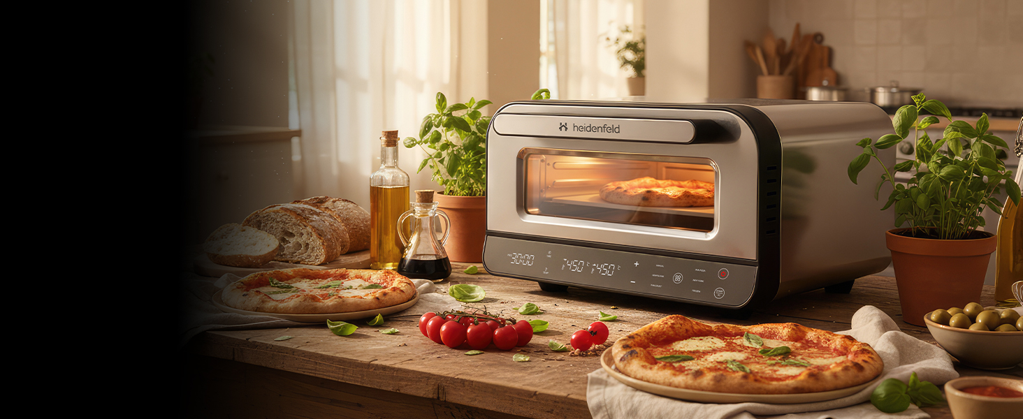 Електрична піч для піци Heidenfeld Pizzaboss, 1850 Вт, до 450°C, повний набір, сріблясто-чорний