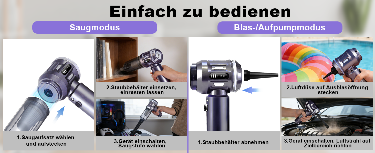 Акумуляторний ручний пилосос Citybee 4 в 1, бездротовий автомобільний та домашній пилосос 25000Па, безщіточний двигун, 3 режими потужності, для шерсті тварин, сірий