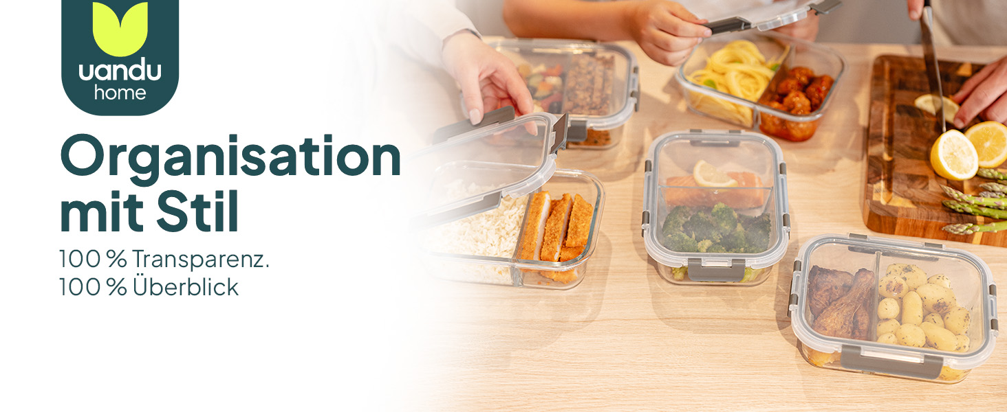 Набір скляних контейнерів для їжі з кришками uandu, 10 предметів, Meal Prep бокси з 2 відділеннями, антрацит