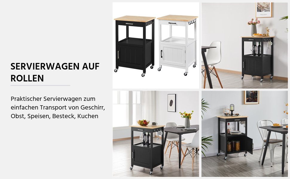 Кухонний візок Yaheetech на колесах з шафкою та полицею, 55x45x89 см, білий (чорний)