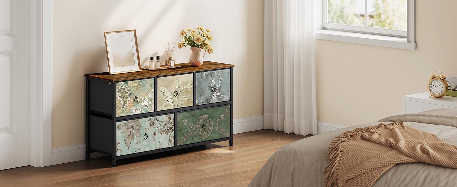 Комод WOLTU з 5 висувними ящиками з тканини, шафа-комод, тумбочка під ТБ, для вітальні, спальні, коридору, з металевим каркасом, ДСП, білий, SSK005ws. Білий (Рустикальний коричневий + чорний + вінтажний квітковий принт, 5 тканинних ящиків)