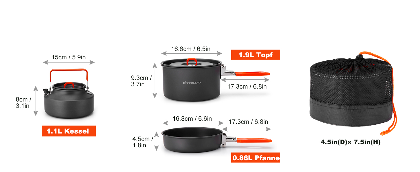 Набір посуду для кемпінгу Odoland каструля, чайник і сковорода для приготування їжі на природі та подорожей