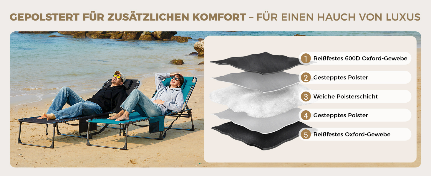 Лежак для відпочинку KingCamp великого розміру, складаний, 5 положень, для саду, кемпінгу, пляжу, з подушкою та кишенею, до 200 кг, 200 x 68 см, сірий