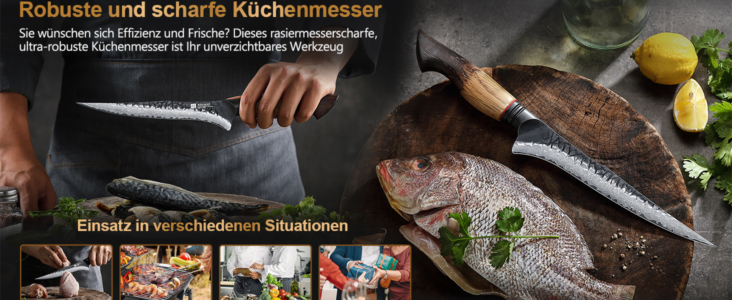 Ніж кухарський XINZUO Damaststahl з нержавіючої сталі Дамаск, 19,3 см - професійний, з ергономічною ручкою з білого дуба, серія Mo (ніж для філетування)