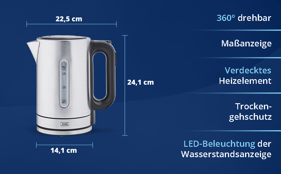 Чайник KHG WK-1703 ES з нержавіючої сталі, 1,7 л, 5 рівнів температури 50-100C, фільтр від накипу, індикатор рівня води, захист від википання та автоматичне вимкнення, прихований нагрівальний елемент, без бісфенолу А, 2200 Вт