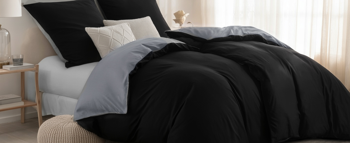 Комплект постільної білизни RUIKASI 135x200 з бавовни (4 частини) - сірий, двоколірний комплект з блискавкою, антрацит та світло-сірий, 135x200 см