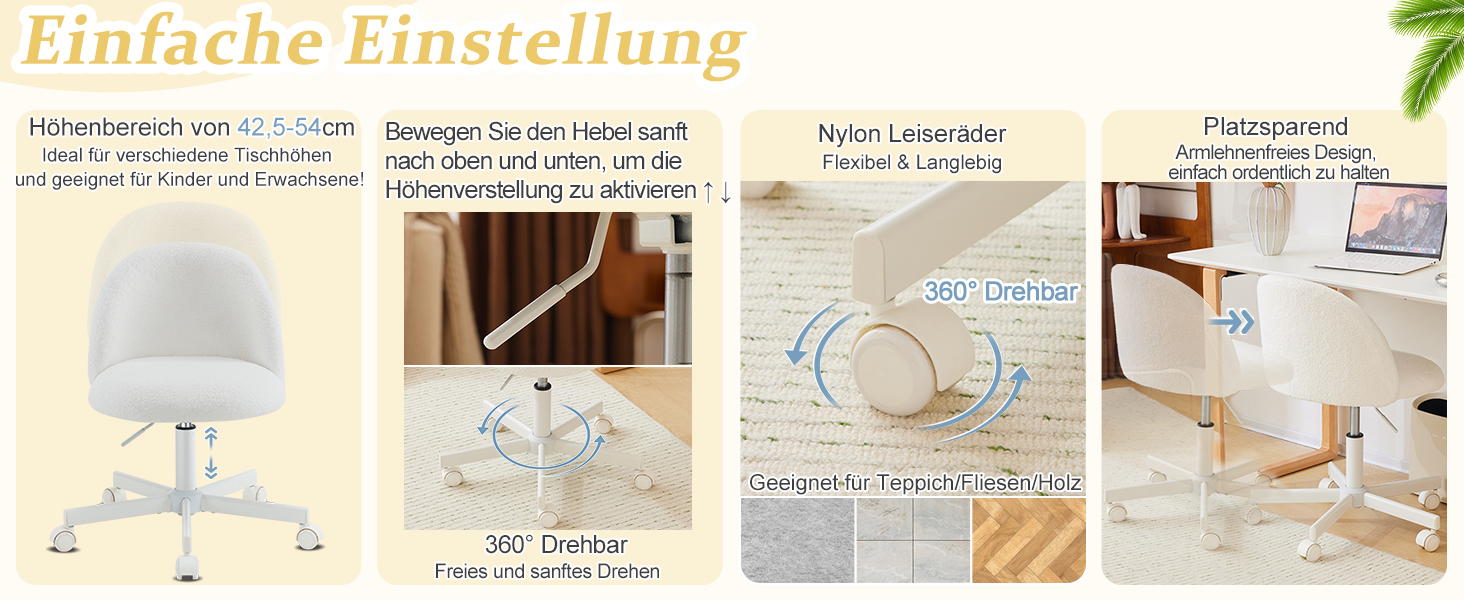 Офісне крісло Bonnlo з роликами, стілець для туалетного столика, регульований по висоті, для робочого кабінету, спальні, home office, з м'якої тканини Тедді, білий