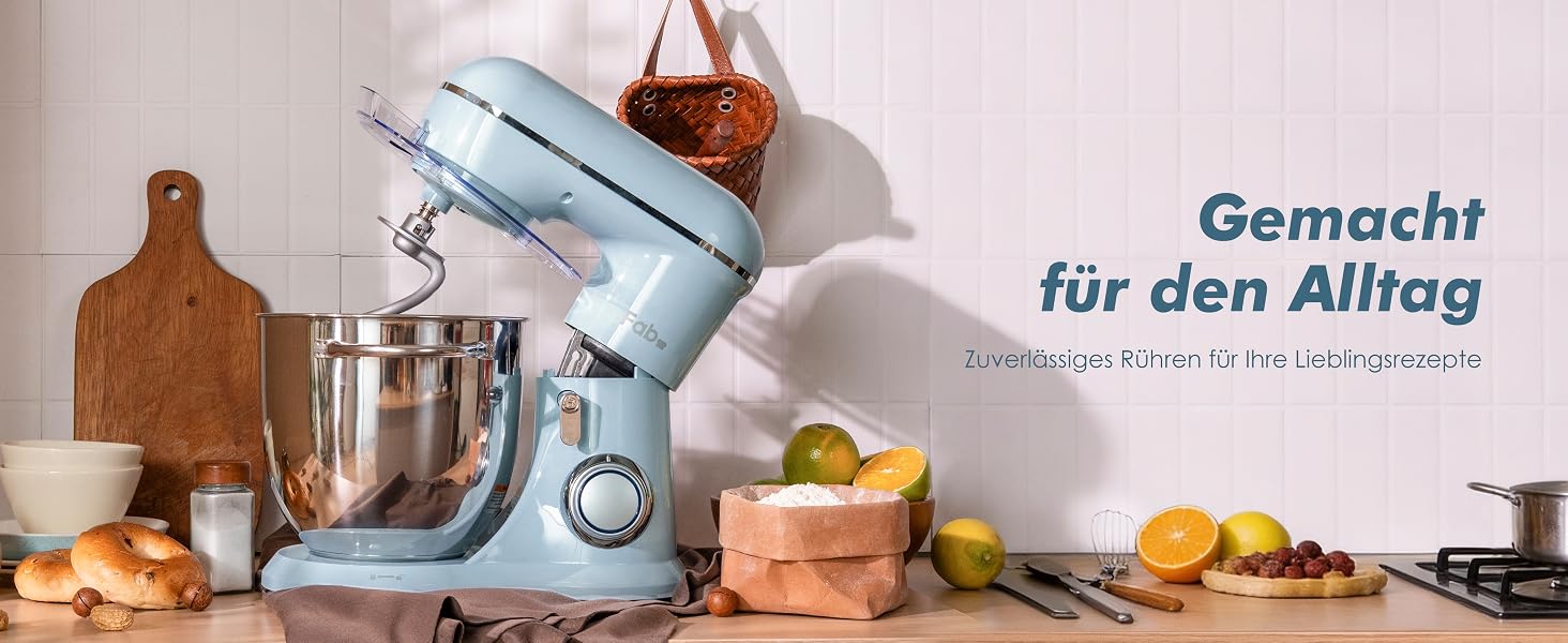 Кухонна машина Kitchen in the box Fab-Serie, потужний планетарний міксер 1300 Вт, 10 швидкостей, з набором насадок (гак, вінчик, міксер) для щоденного використання
