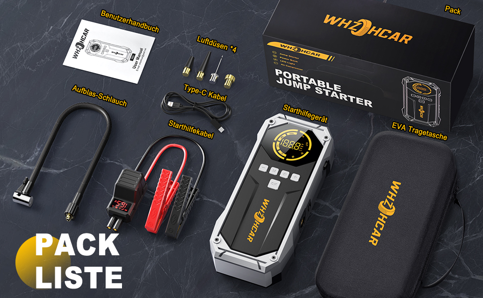 Портативний пусковий пристрій Starthilfe Powerbank 6000A з компресором, ліхтарем Lumen та LCD-дисплеєм. Чорний