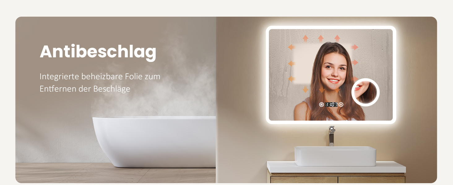 LED дзеркало для ванної кімнати EMKE 90x70 см з підсвічуванням, годинником та захистом від запотівання, IP44