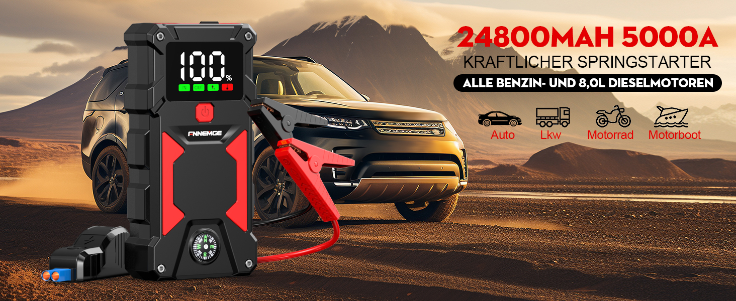 Пусковий пристрій (бустер) FNNEMGE 9000A 26800mAh для авто 12V (бензин та дизель до 10.0л), Powerbank з USB Quick Charge 3.0 та LED-ліхтарем
