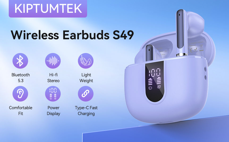 Бездротові навушники KIPTUMTEK Ear Bluetooth 5.3, 4 мікрофони, глибокі баси, 40 год, світлодіод, IP7, фіолетовий