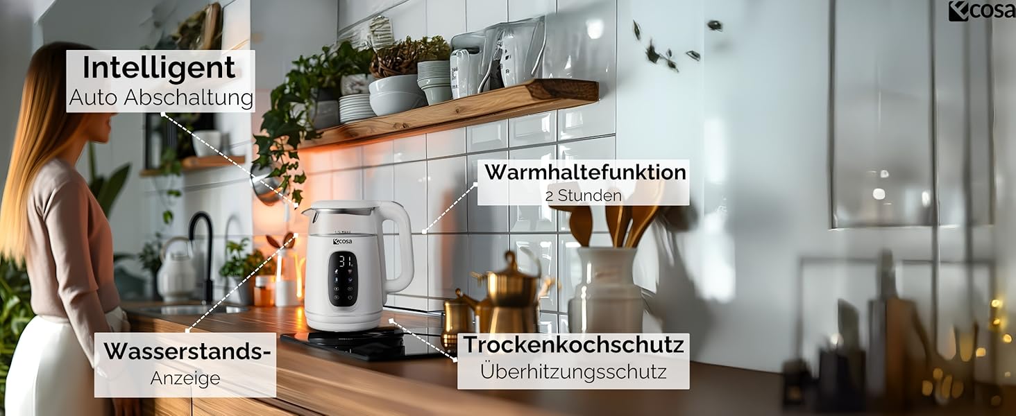 Електрочайник Ecosa® зі скляною колбою та регулюванням температури, 1.7 л, 2200 Вт, не містить BPA, з підігрівом та LED-підсвічуванням (Woldo White)