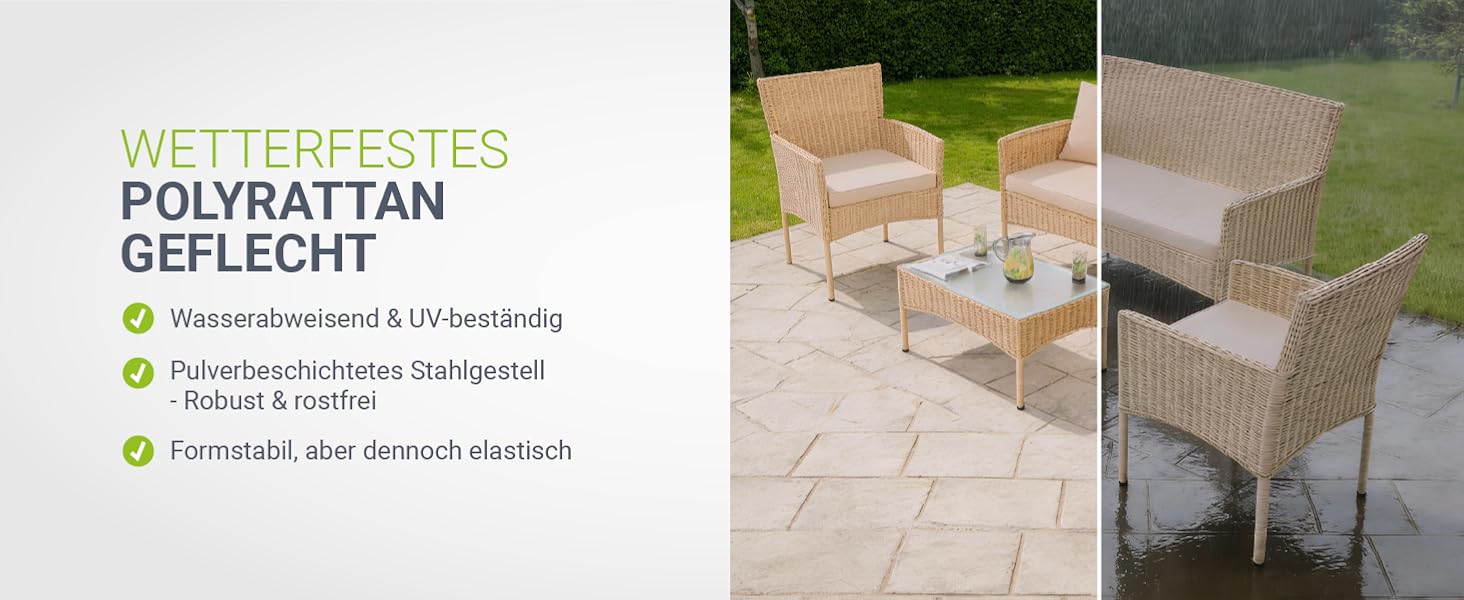 Садовий набір меблів Juskys Fort Myers з ротангу (кремовий) на 4 особи: диван, 2 крісла, стіл, подушки - вуличні меблі для балкона та саду