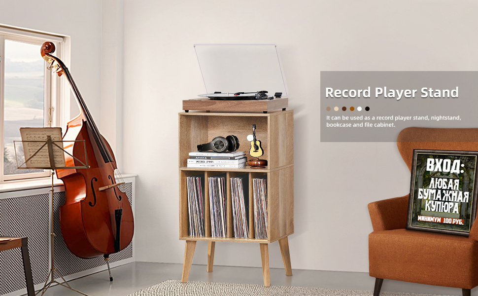 Підставка для програвача вінілу: місце для 160 платівок, органайзер для вінілових платівок, Mid-Century дизайн, дерев'яні ніжки, полиця для програвача, білий (дуб)