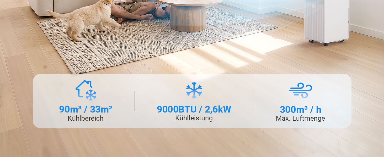 Мобільний кондиціонер 9000 BTU з відвідною трубою для кімнат до 33 м² / 90 м³, з таймером, R290, білий