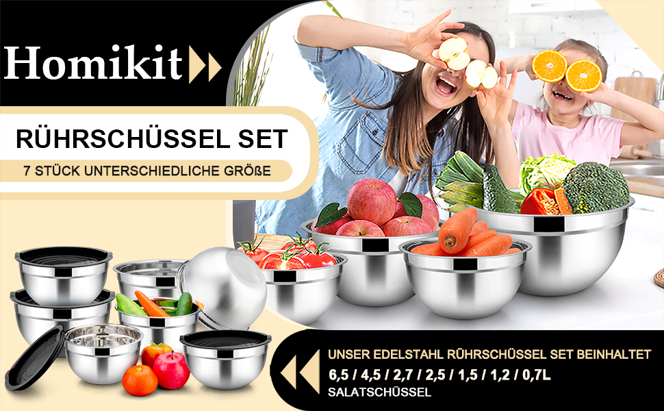 Набір місок Homikit з нержавіючої сталі, 7 шт. з кришкою, для приготування, випічки та сервірування, чорний