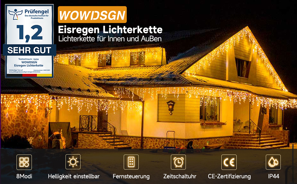 Світлодіодна гірлянда-дождик WOWDSGN 30м (1320 LED), теплий білий колір, 8 режимів, IP44 водонепроникна, для вулиці, даху та тераси