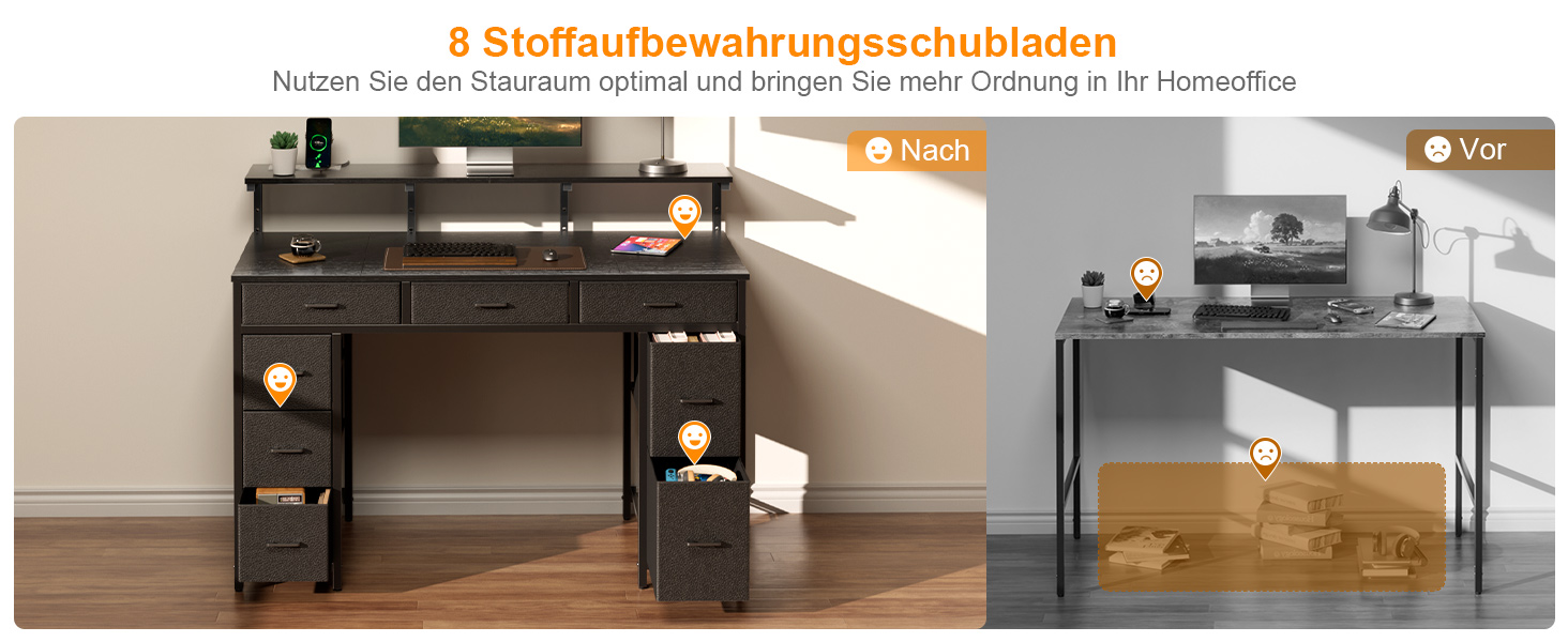 Комп'ютерний стіл з 8 висувними ящиками, 2 розетками, 2 USB-портами, LED-підсвічуванням та підставкою для монітора, 120 x 50 x 74 см (Чорний)