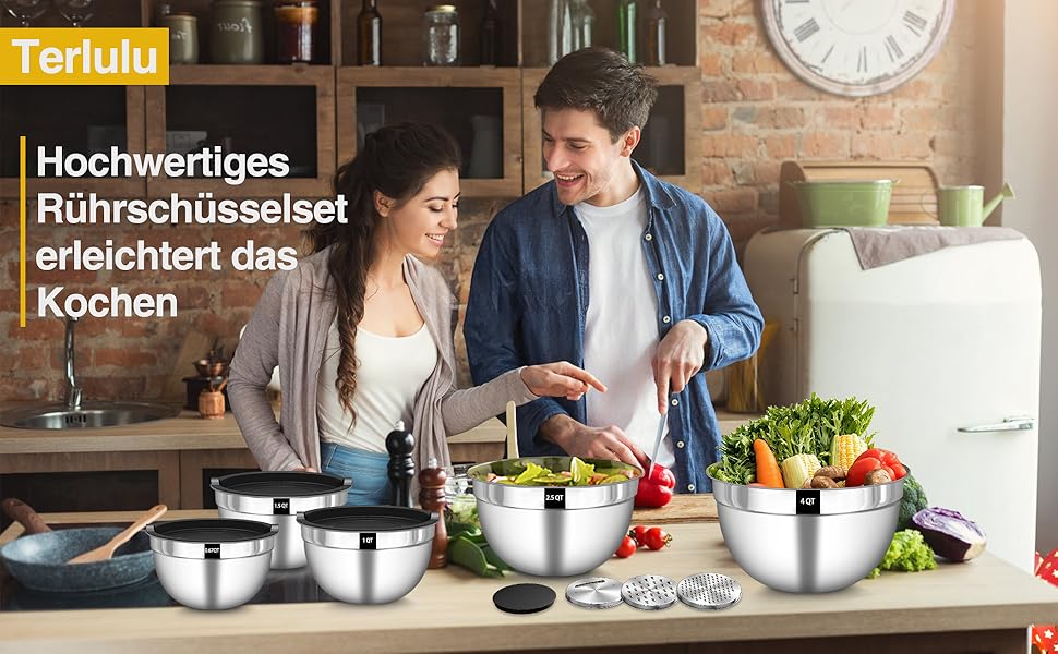 Набір мисок для перемішування 5 шт. з нержавіючої сталі, набір салатників з герметичними кришками, 3 насадки-тертки, об'єм 4.5L, 2.7L, 1.6L, 1.1L, 0.7L, скляні, розбірні, можна мити в посудомийній машині