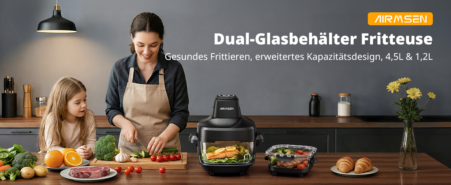 Фритюрниця повітряна AIRMSEN зі скляною чашею, 1500 Вт, 4.5L + 1.2L, 60–230 °C, 4 програми, знімна чаша, для мікрохвильовки та мийки посуду