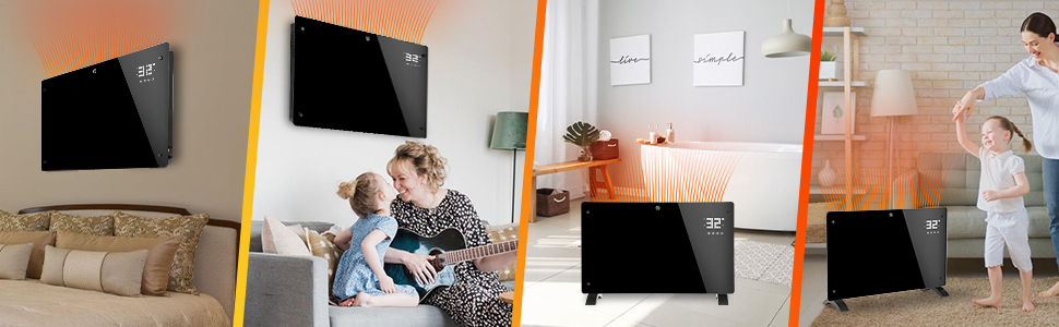 Скляний конвекторний обігрівач Daromigo 2000W з термостатом та WiFi, IP24, настінний, енергозберігаючий, чорний