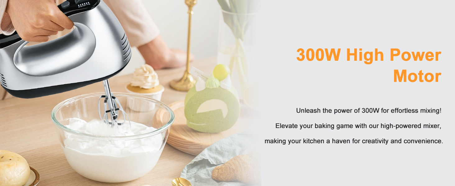 Електричний міксер Lychee з анти-розбризкуванням, 6 насадок, 5 швидкостей + Turbo, 300W, для кухні та випічки