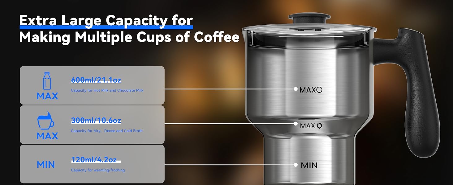 Електричний спінювач молока 5-в-1, 600 мл, з регулюванням температури, для лате, капучино, чорний