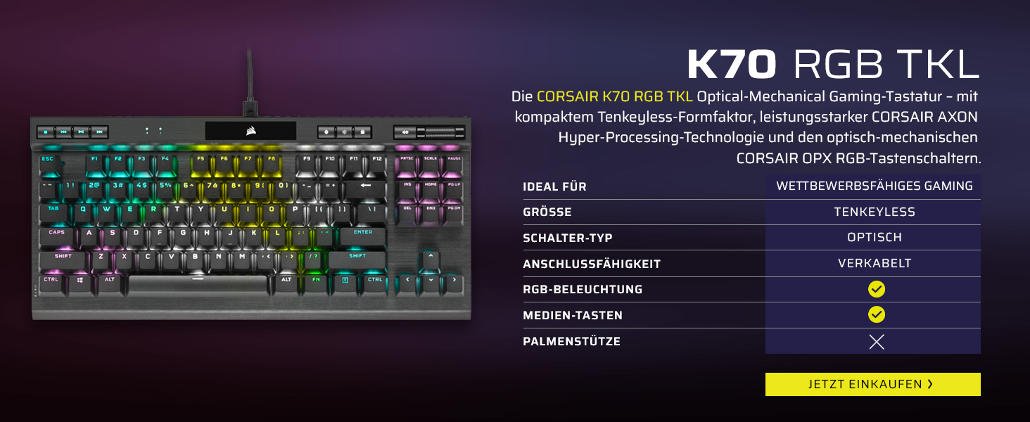 Ігрова механічна клавіатура Corsair K70 MAX RGB QWERTZ DE (Tenkeyless) - сіра