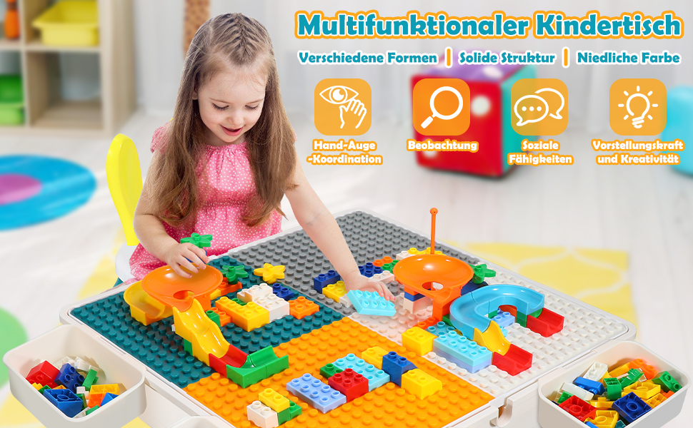 Дитячий стіл з 2 стільцями, ігровий стіл для дітей з 251 кубиком, багатофункціональний стіл для активностей від 2 років з місцем для зберігання, творчий стіл для конструювання з набором кубиків