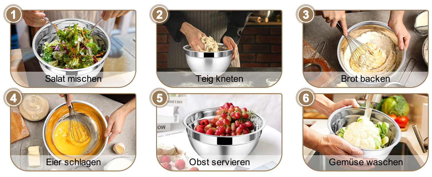 Набір мисок Onader (6 шт) з нержавіючої сталі з кришками та тертками для кухні, 4.6/2.8/2.5/1.6/1.2/0.7 л, стакові та придатні для миття в посудомийній машині, бежевий колір