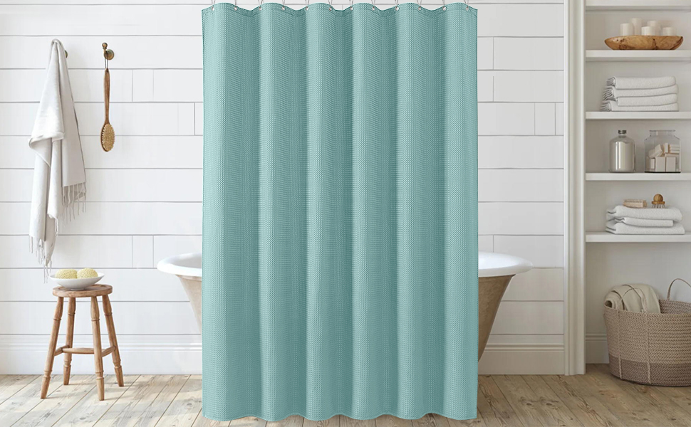 Шторка для душу з льону з металевими кільцями, тканинна, текстильна, для ванни, антигрибкова, водонепроникна, важка, для ванної кімнати, 182 x 182 см (Морська синя) (Вафля - Турквіс, H214 x B182 см (1 шт))