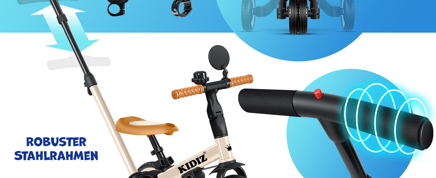 Біговел-триколіс KIDIZ 6-в-1 для дітей від 1 до 5 років (бежевий) до 25 кг з ручкою, захисним бампером, ременем безпеки, дзвінком та дзеркалом