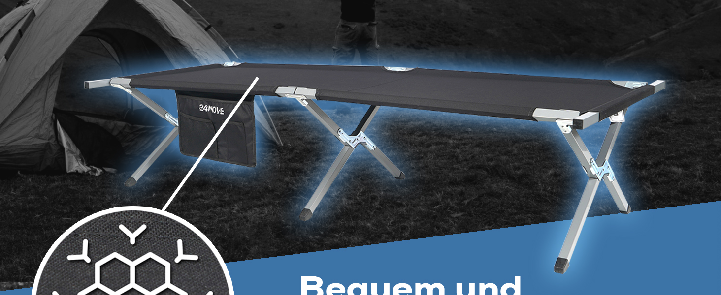 Складане кемпінгове ліжко 24MOVE® для відпочинку на природі та вдома, витримує до 200 кг, 210x72x45 см, чорне, з сумкою для перенесення