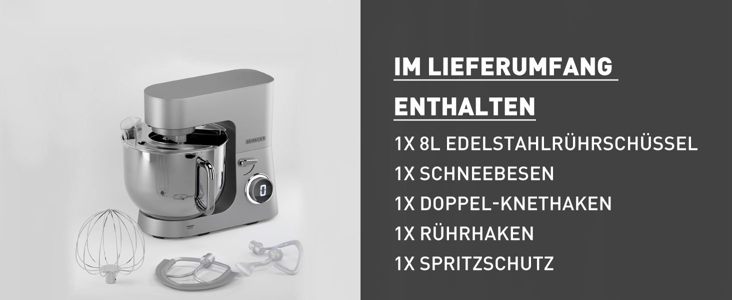 Кухонна машина Heinrichs 2500W з подвійним гаком для тіста, міксером та вінчиком, 8 швидкостей, чаша 8л з нержавіючої сталі, тиха, колір