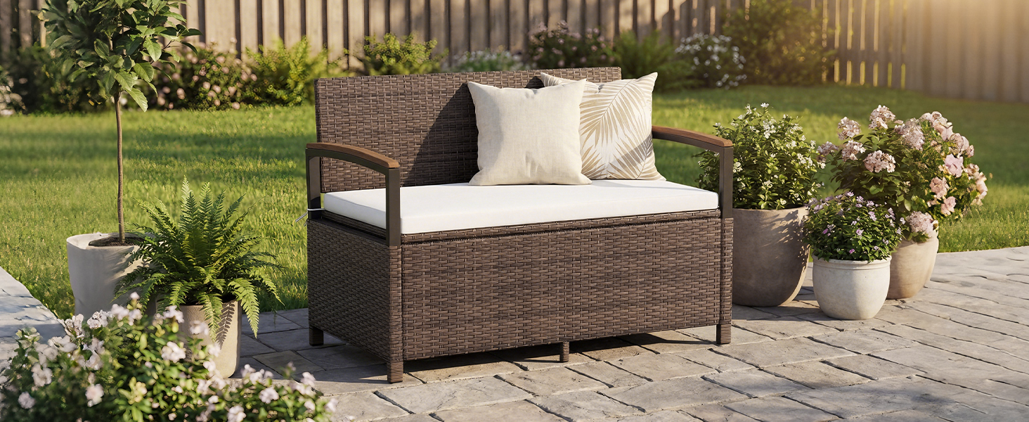 Лавка садова Costway з ротангу Polyrattan, з ящиком для зберігання, 2-місна, сіра (120x61x84 см) для балкона, тераси, саду з подушками