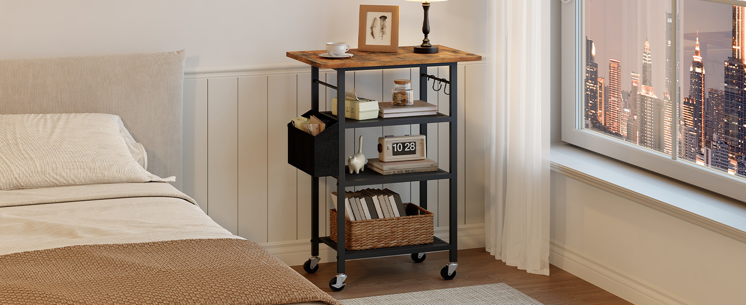 Трирівневий стіл для принтера, роликовий контейнер, стійка для принтера, полиця для зберігання, в індустріальному стилі, з бічною кишенею, дерев'яна полиця, 2 S-гачки, для домашнього офісу, рустикально-коричневий та чорний, APTHR2501 (50 x 40 x 81,5 см)