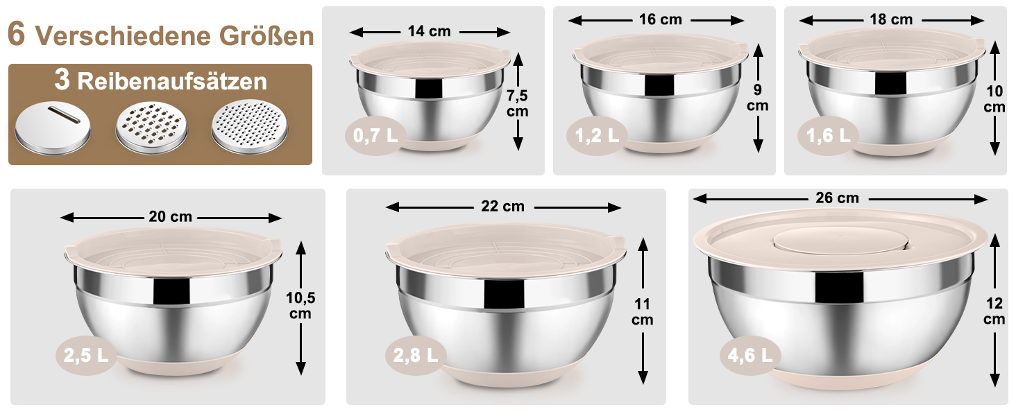 Набір мисок Onader (6 шт) з нержавіючої сталі з кришками та тертками для кухні, 4.6/2.8/2.5/1.6/1.2/0.7 л, стакові та придатні для миття в посудомийній машині, бежевий колір