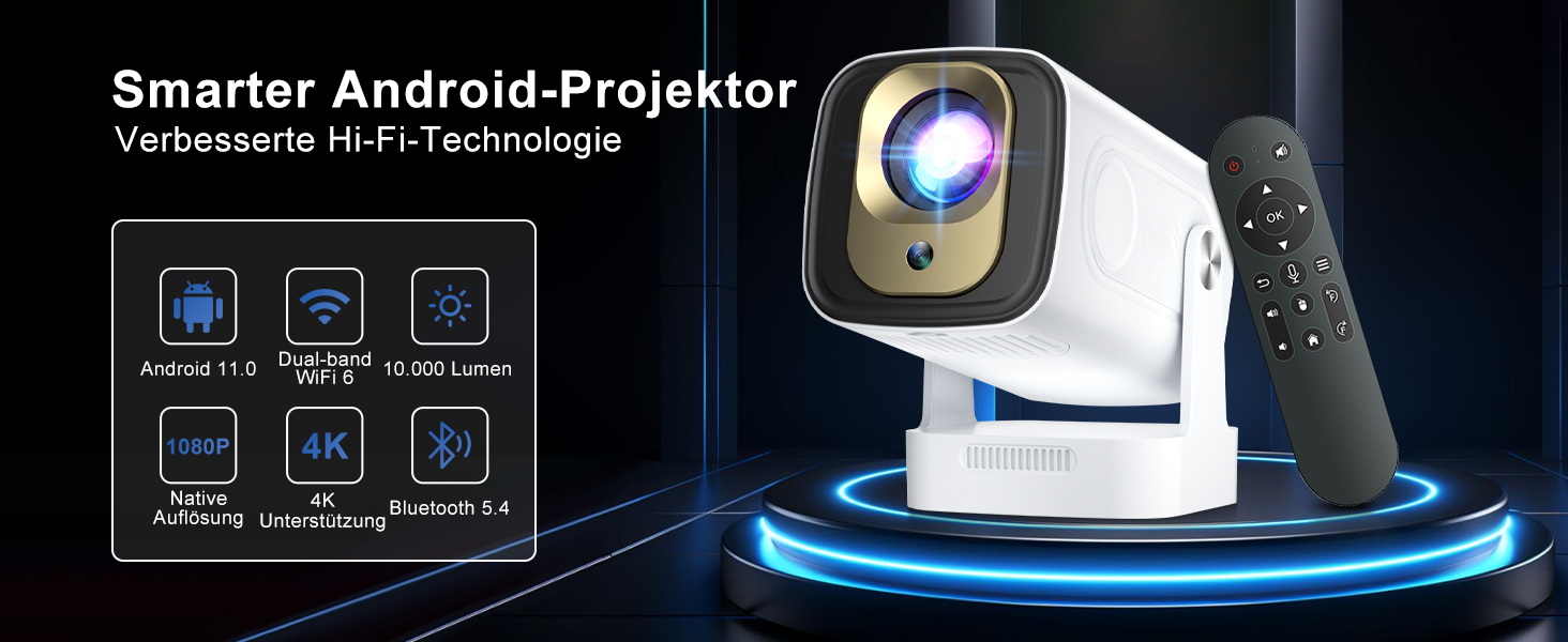 Beamer 4K HY260pro: Портативний проєктор з Wi-Fi 6, Bluetooth 5.4, Android TV, 180° обертанням, 18000 люмен, 5W динамік для дому та відпочинку